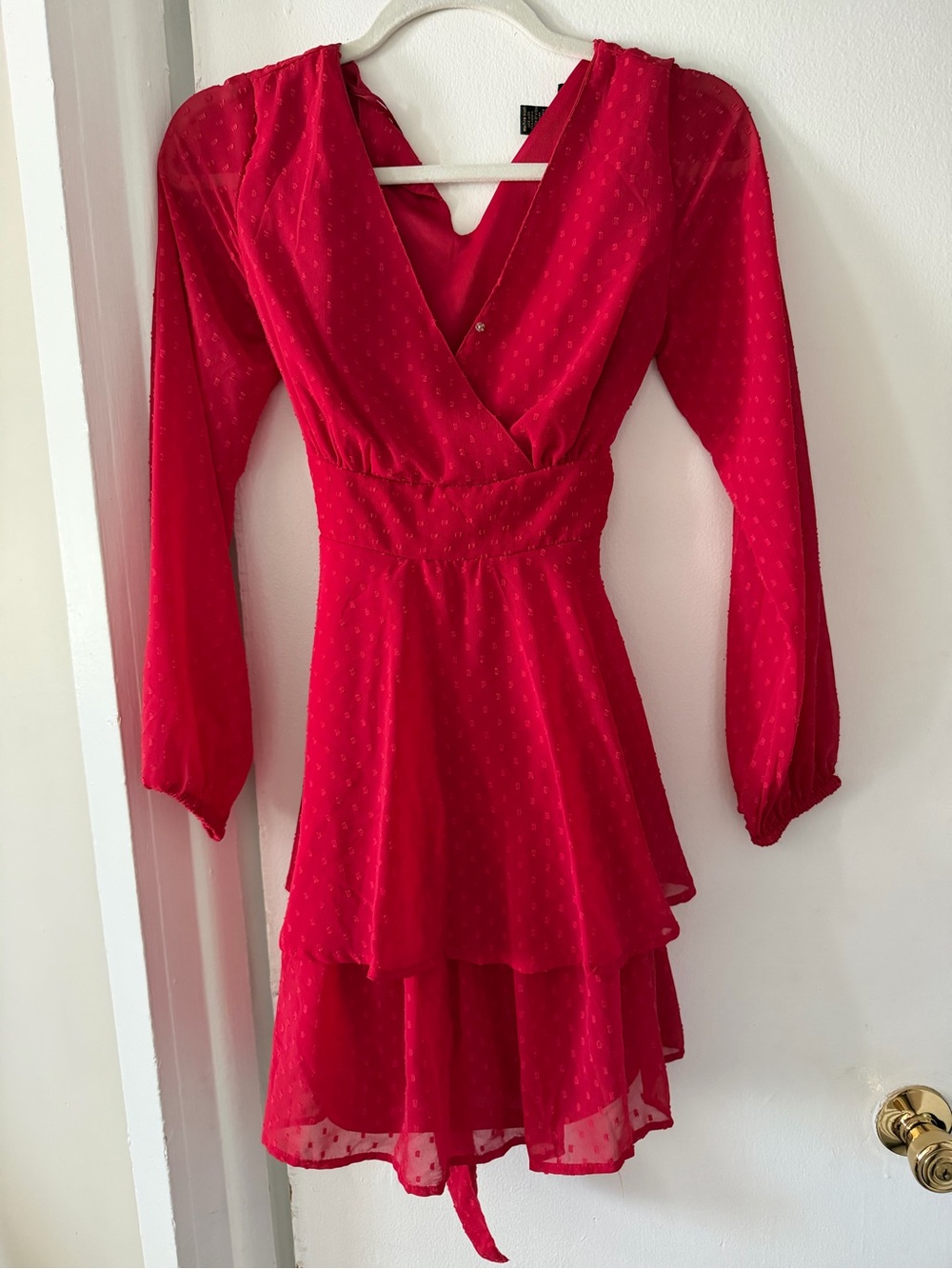 Red Long-Sleeve V-Neck Tiered Mini Dress